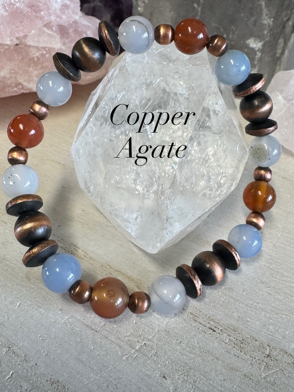 Copper & Natural Agate Beaded Stretch Bracelet - Copper, Blue, Brown